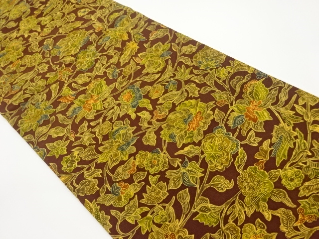 JAPANESE HIRAKI NAGOYA OBI / CHIRIMEN / FLOWER ARABESQUE